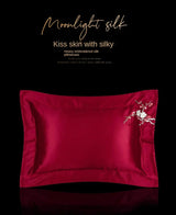 Red Rose Elegance: Pure Mulberry Silk Pillowcase with Floral Embroidery