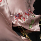 Pink Blossom Charm: Pure Mulberry Silk Pillowcase with Floral Embroidery