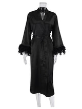 Feather Blush Kimono Robe - Floor-Length Satin Silk Dressing Gown