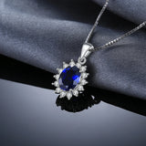 Oval Blue Sapphire Halo Pendant Necklace – 925 Sterling Silver Vintage Royal Style Necklace for Women