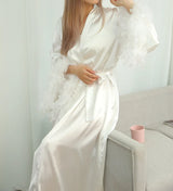 Feather Blush Kimono Robe - Floor-Length Satin Silk Dressing Gown