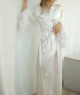 Feather Blush Kimono Robe - Floor-Length Satin Silk Dressing Gown
