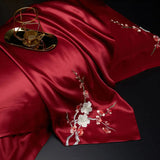 Red Rose Elegance: Pure Mulberry Silk Pillowcase with Floral Embroidery