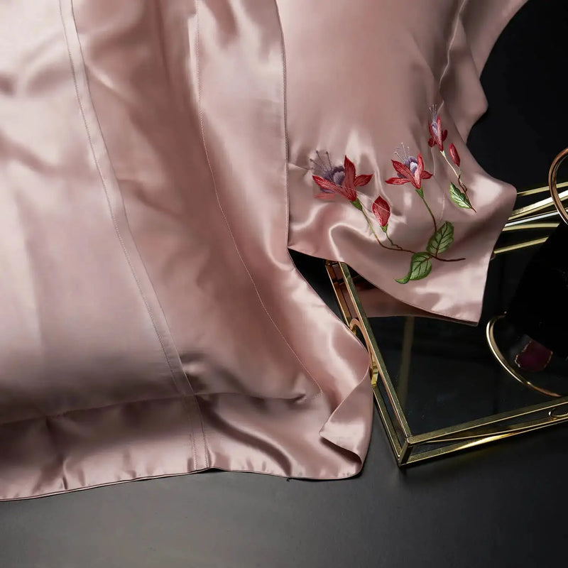 Pink Blossom Charm: Pure Mulberry Silk Pillowcase with Floral Embroidery
