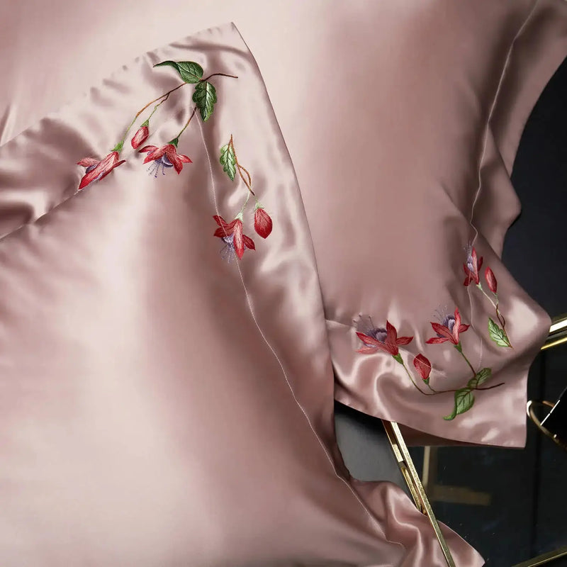 Pink Blossom Charm: Pure Mulberry Silk Pillowcase with Floral Embroidery