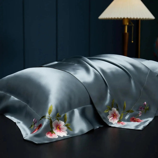 Blue Blossom Serenity: Pure Mulberry Silk Pillowcase with Floral Embroidery