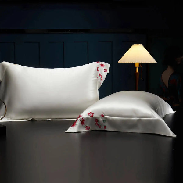 White Blossom Elegance: Pure Mulberry Silk Pillowcase with Red Floral Embroidery