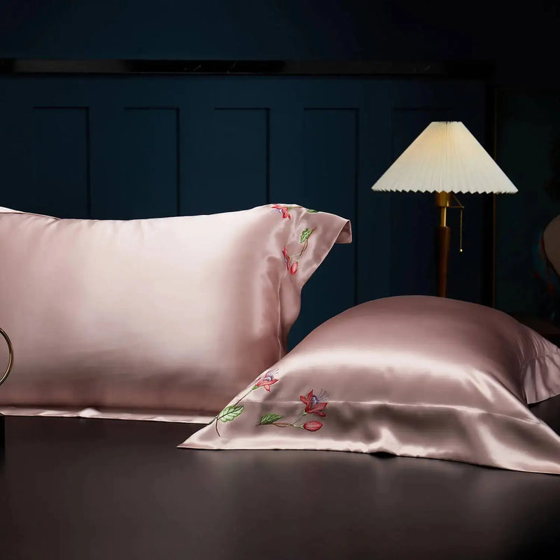 Pink Blossom Charm: Pure Mulberry Silk Pillowcase with Floral Embroidery