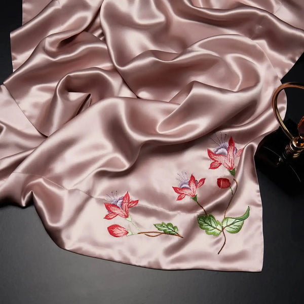 Pink Blossom Charm: Pure Mulberry Silk Pillowcase with Floral Embroidery