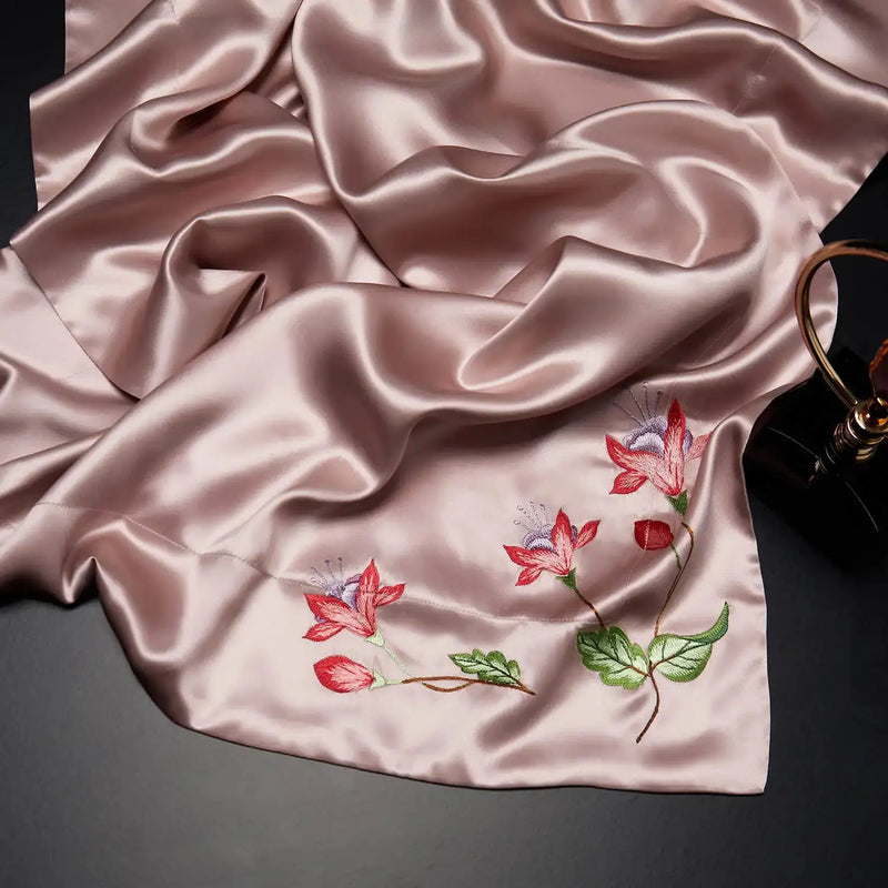 Pink Blossom Charm: Pure Mulberry Silk Pillowcase with Floral Embroidery