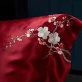 Red Rose Elegance: Pure Mulberry Silk Pillowcase with Floral Embroidery