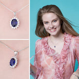 Oval Blue Sapphire Halo Pendant Necklace – 925 Sterling Silver Vintage Royal Style Necklace for Women