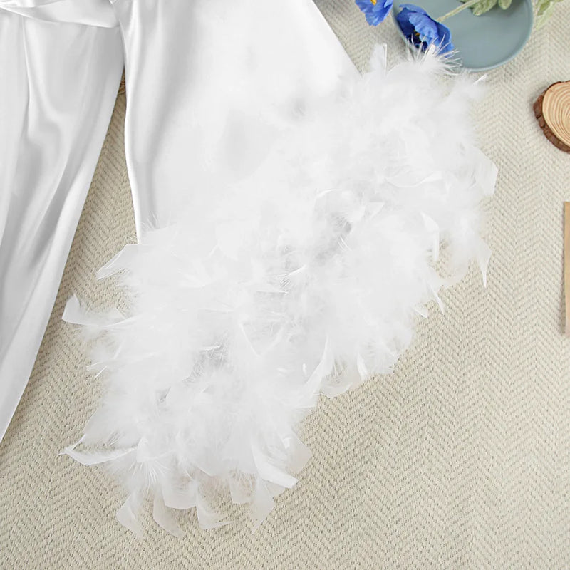 Feather Blush Kimono Robe - Floor-Length Satin Silk Dressing Gown