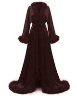 Feather Blush Kimono Robe - Floor-Length Satin Dressing Gown