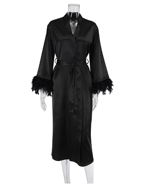 Feather Blush Kimono Robe - Floor-Length Satin Silk Dressing Gown