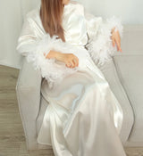 Feather Blush Kimono Robe - Floor-Length Satin Silk Dressing Gown