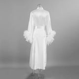 Feather Blush Kimono Robe - Floor-Length Satin Silk Dressing Gown