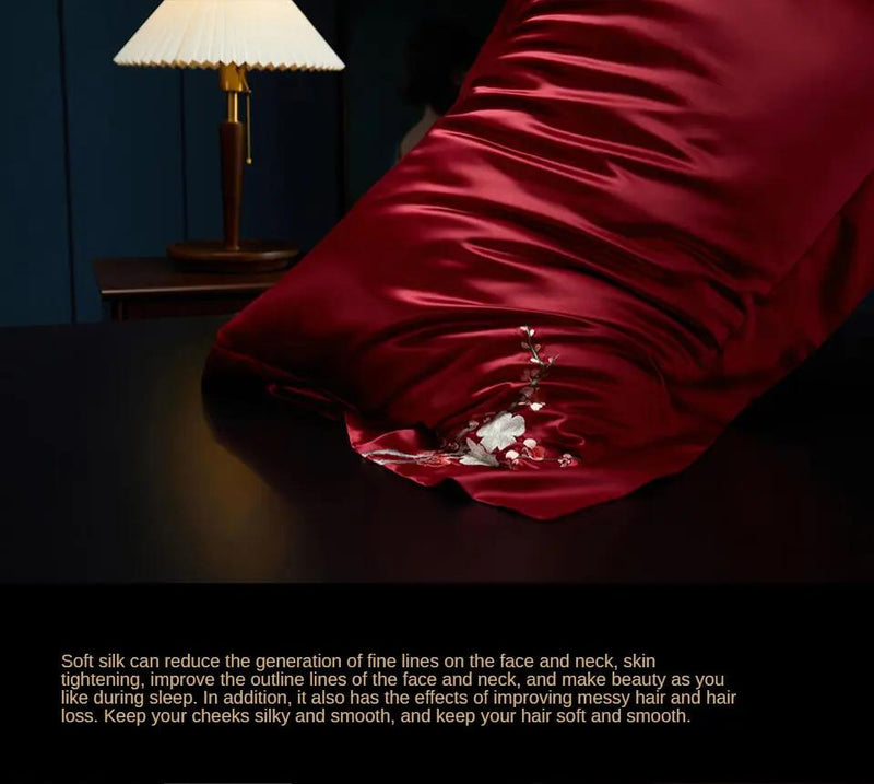 Red Rose Elegance: Pure Mulberry Silk Pillowcase with Floral Embroidery