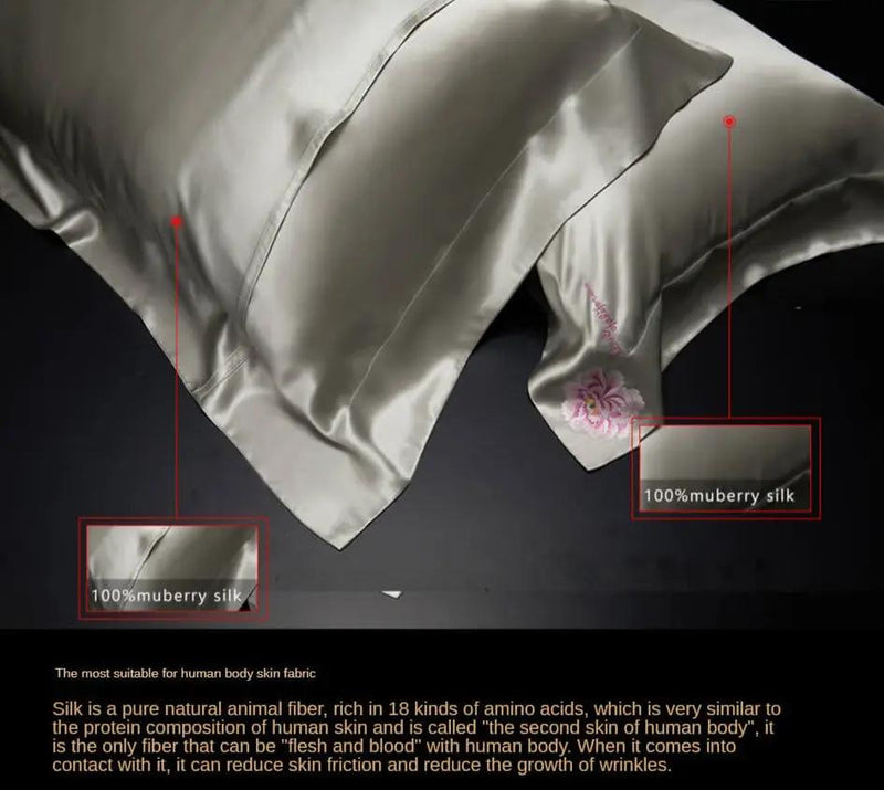 Light Gray Floral Symphony: Pure Mulberry Silk Pillowcase with Floral Embroidery